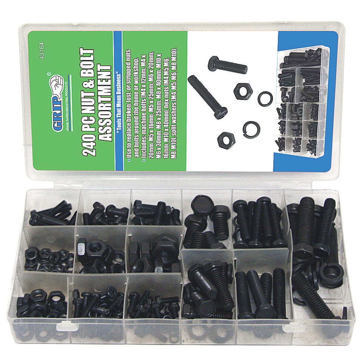 Grip Tools 43164 240Piece Metric Nut and Bolt Kit